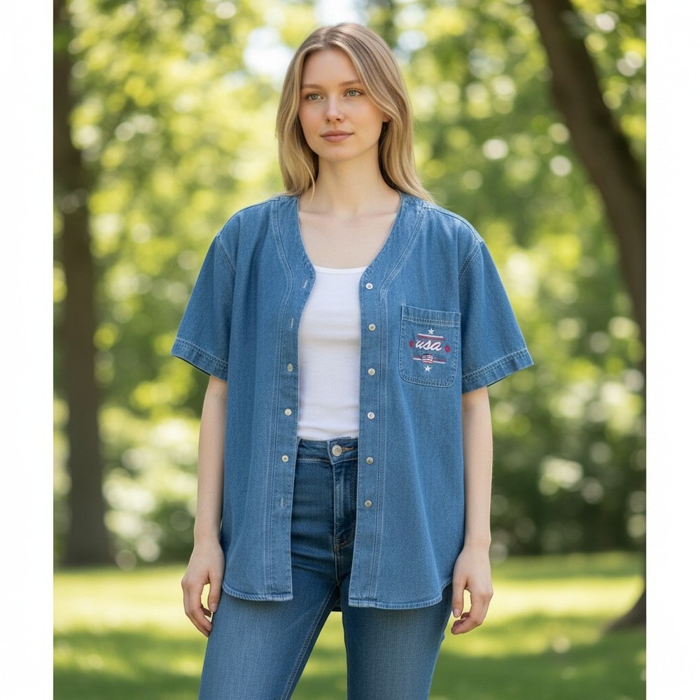 Solutions Original Denim Baseball Jersey Shirt‎ USA Embroidery Blue Women Medium